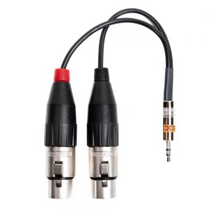 Kurzes Y-Adapterkabel mit 3,5-mm-Stereo-Miniklinke und zwei XLR-Buchsen für Kopfhörer- oder Line-Ausgänge.