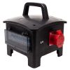 Der 32-A-Eingang ist mit einem Phasenwender ausgestattet, für flexible Stromversorgung mehrerer Verbraucher. Stromverteilerbox mit 32A-CEE-Eingang und Phasenwender, sechs Schuko-Ausgängen und einer 16A-CEE-Buchse.