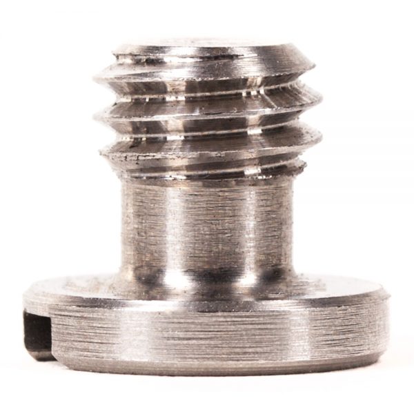 Befestigungsschraube mit UNC-3/8"-Gewinde, 13 mm Schaftlänge und geriffeltem Rändelkopf für Kamerazubehör.