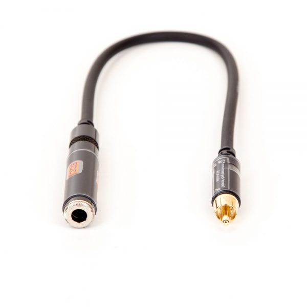 Kurzes Adapterkabel mit 6,3-mm-Mono-Klinkenbuchse und Cinch-Stecker, 20 cm Länge, für Audiogeräte.