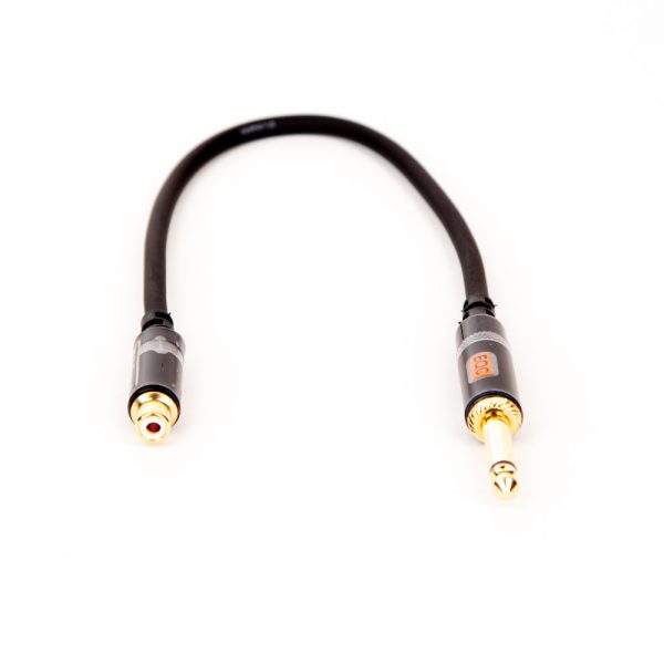 Kurzes Adapterkabel mit 6,3-mm-Mono-Klinkenstecker und Cinch-Buchse, 20 cm Länge, für Audiogeräte.