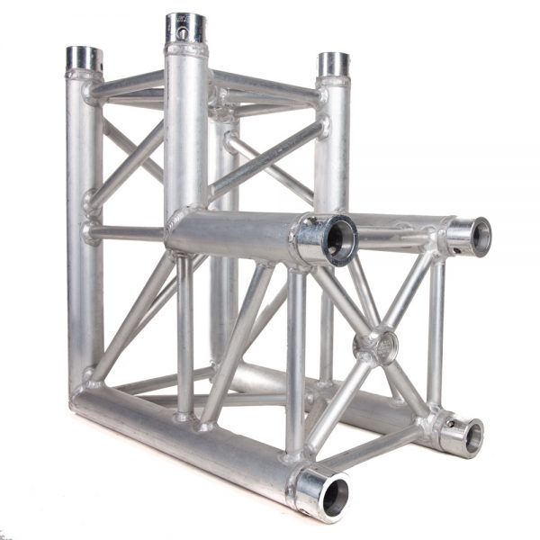 ATC Eckelement SBE29-4X-90 aus Aluminium verbindet zwei Traversenrohre im rechten Winkel bei 50 cm Armlänge.