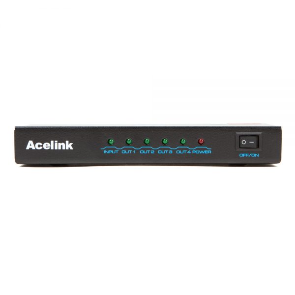 Acelink 4K HDMI-Verteiler mit einem Eingang und vier Ausgängen, unterstützt Auflösungen bis 4K bei 30 Hz.