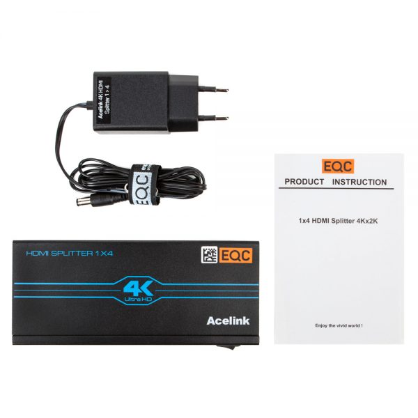 Acelink 4K HDMI-Verteiler mit einem Eingang und vier Ausgängen, unterstützt Auflösungen bis 4K bei 30 Hz.