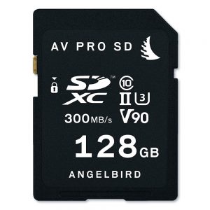 Angelbird AV Pro SDXC-Speicherkarte mit 128 GB Kapazität und einer Lesegeschwindigkeit von 300 MB/s.