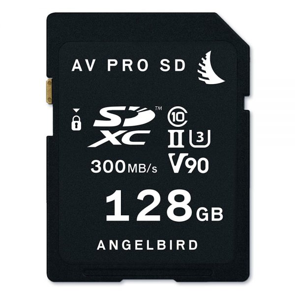 Angelbird AV Pro SDXC-Speicherkarte mit 128 GB Kapazität und einer Lesegeschwindigkeit von 300 MB/s.