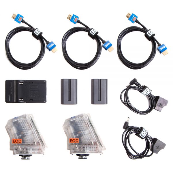 Aputure Array Trans HDMI Videofunk-Set mit NP-FM500H-Akkus und drei HDMI-Kabeln im Lieferumfang.