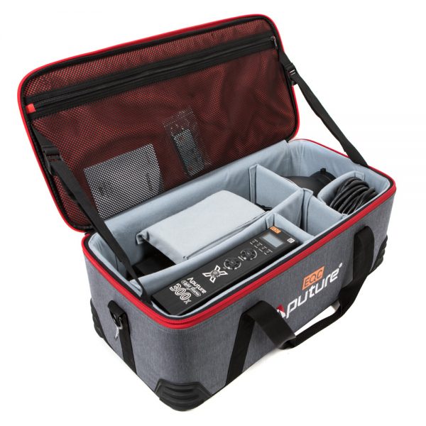 Aputure Light Storm LS 300X Bi-Color-LED-Scheinwerfer mit Farbtemperatur von 2700 bis 6500 K und DMX-Steuerung.