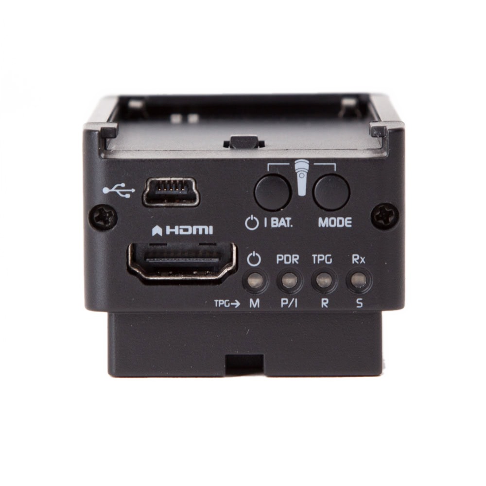 Atomos Connect S2H Konverter mit HDMI-Ausgang, USB-Anschluss und mehreren Bedientasten am Gehäuse.