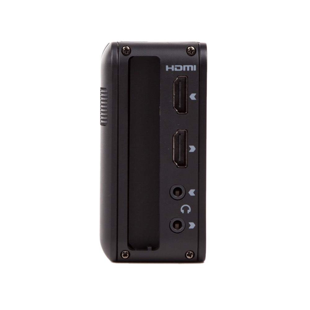 Atomos Ninja 2 HDMI-Feldrekorder mit seitlichem Anschlussfeld für zwei HDMI-Buchsen und Kopfhörerausgang.