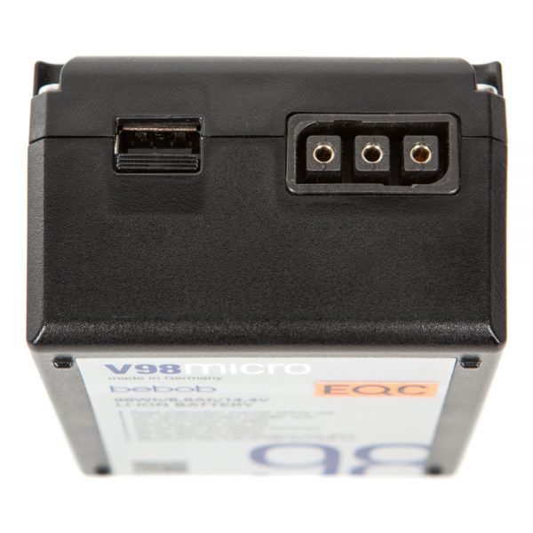 Bebob V98micro V-Mount-Akku in kompakter Micro-Bauform mit 98 Wh Kapazität für längere Drehtage.