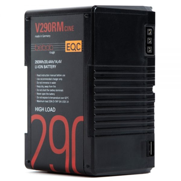 Bebob Rouge V290RM Cine V-Mount-Akku mit 285 Wh Kapazität und austauschbaren Zellen für lange Drehtage.