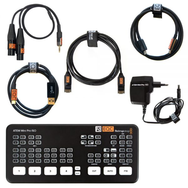 Blackmagic Design ATEM Mini Pro ISO HD Videomischer im Set mit HDMI-Kabeln und Netzteil.