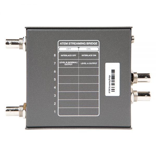 Blackmagic Design ATEM Streaming Bridge mit Beschriftung der DIP-Schalter für Interlace und Level A/B.