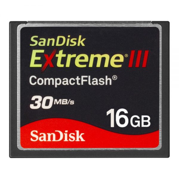 SanDisk Extreme III CompactFlash-Speicherkarte mit 16 GB Kapazität und einer Geschwindigkeit ab 30 MB/s.