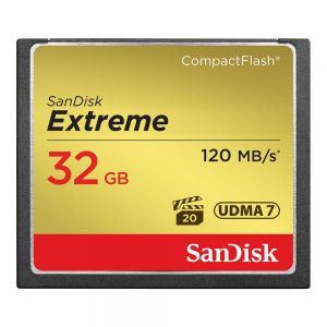SanDisk Extreme CompactFlash-Karte mit 32 GB, UDMA-7-Schnittstelle und Lesegeschwindigkeit bis zu 120 MB/s.