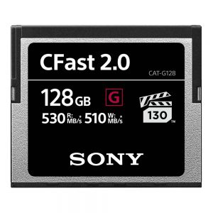 Sony CAT-G128 CFast-2.0-Speicherkarte der G-Serie mit 128 GB Kapazität und Lesegeschwindigkeit bis zu 530 MB/s.