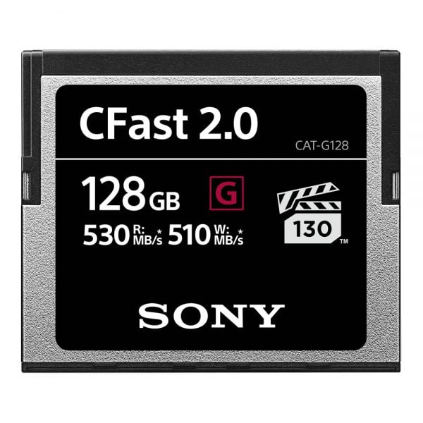 Sony CAT-G128 CFast-2.0-Speicherkarte der G-Serie mit 128 GB Kapazität und Lesegeschwindigkeit bis zu 530 MB/s.