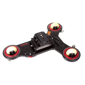 Camtree Moover Skater Dolly mit drei drehbaren Rädchen und aufgesetzter Kameraplatte für kleine Fahrten.