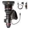Zoom-Objektiv für Super-35-Aufnahmen, per Zoomwippe und Focus-Demand steuerbar, inklusive Transportkoffer. Canon CN10x25 25-250mm T2.95 Cine-Servo-Zoomobjektiv mit eingebautem 1,5x-Extender bis 375mm.
