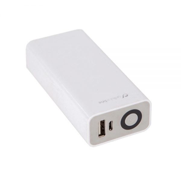 Cellularline A25-6000, eine USB-Powerbank mit 6000 mAh Kapazität und integriertem USB-Anschluss.