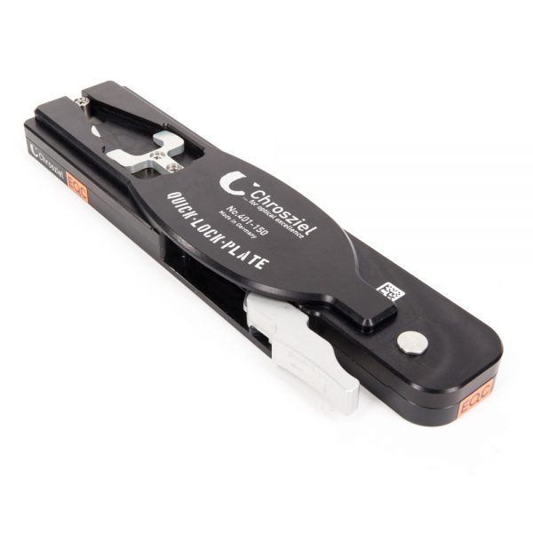 Chrosziel 401-150 Quick-Lock-Stativplatte aus Aluminium in Luftfahrtqualität mit patentiertem Schnellverschluss.