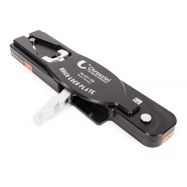 Chrosziel 401-150 Quick-Lock-Stativplatte aus Aluminium in Luftfahrtqualität mit patentiertem Schnellverschluss.
