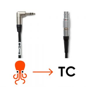 Tentacle Sync Adapterkabel mit gewinkelter 3,5-mm-Miniklinke auf 5-poligen LEMO-Stecker, Kabellänge 40 Zentimeter.