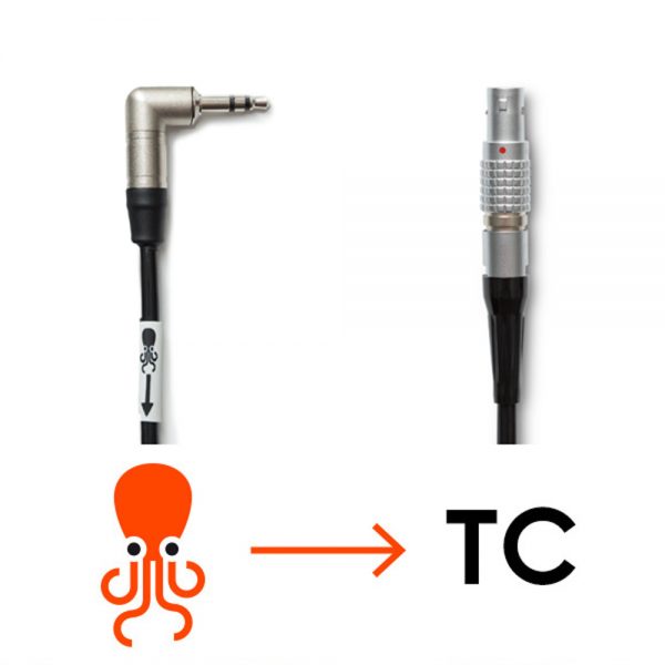 Tentacle Sync Adapterkabel mit gewinkelter 3,5-mm-Miniklinke auf 5-poligen LEMO-Stecker, Kabellänge 40 Zentimeter.