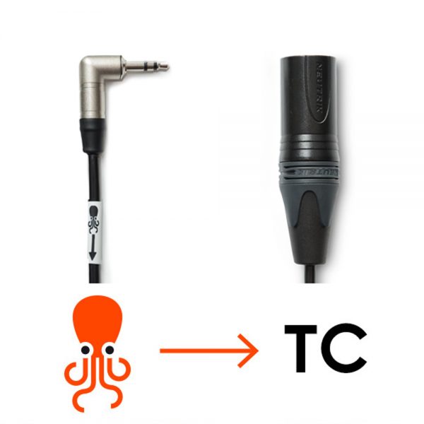 Tentacle Sync Adapterkabel mit gewinkelter 3,5-mm-Miniklinke auf dreipoligen XLR-Stecker, Kabellänge 30 Zentimeter.
