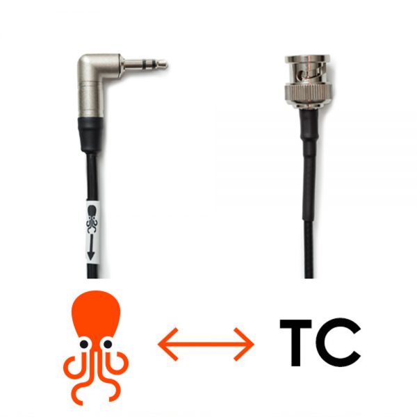 Tentacle Sync Adapterkabel, ein bidirektionales Timecode-Kabel mit 3,5-mm-Miniklinke auf gerades BNC, 40 cm lang.