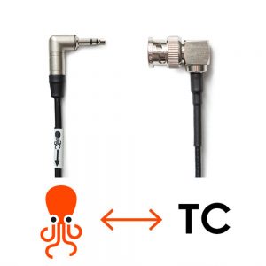 Tentacle Sync Adapterkabel, ein bidirektionales Timecode-Kabel mit 3,5-mm-Miniklinke auf 90°-gewinkeltes BNC, 40 cm lang.