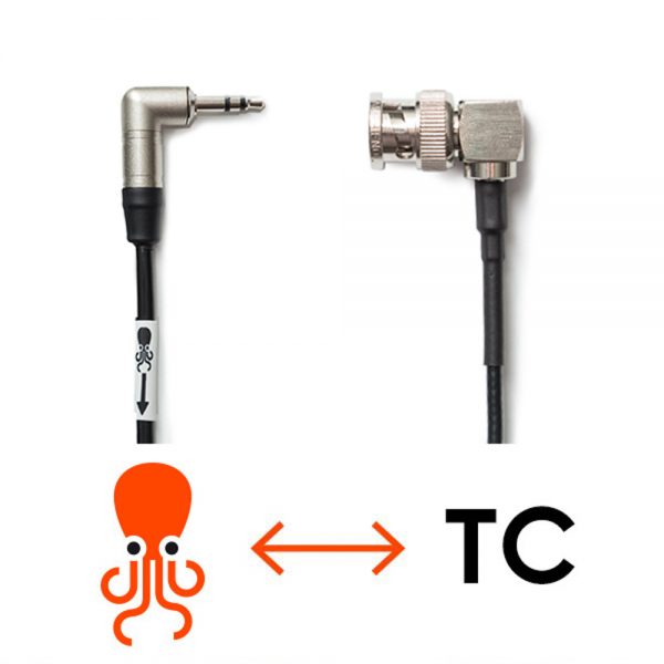 Tentacle Sync Adapterkabel, ein bidirektionales Timecode-Kabel mit 3,5-mm-Miniklinke auf 90°-gewinkeltes BNC, 40 cm lang.