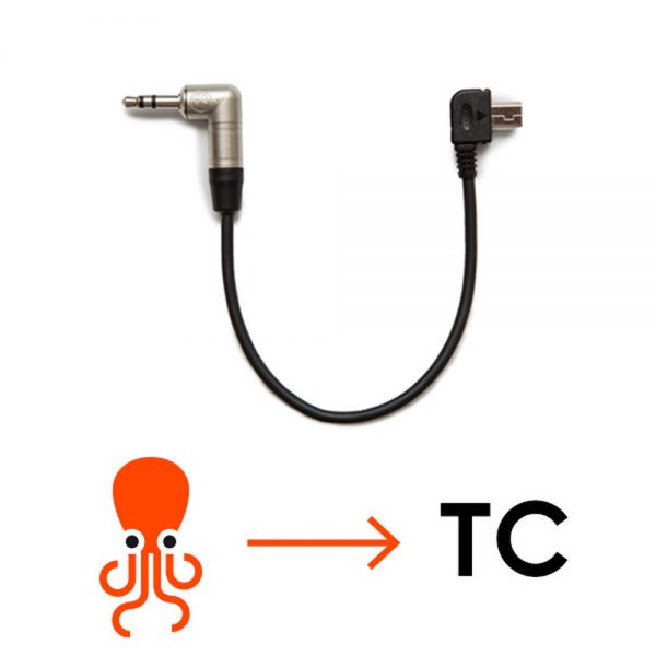 Tentacle Sync Adapterkabel für GoPro HERO3 und HERO4 mit gewinkeltem 3,5-mm-Stecker auf 10-poligem Mini-USB-Anschluss.