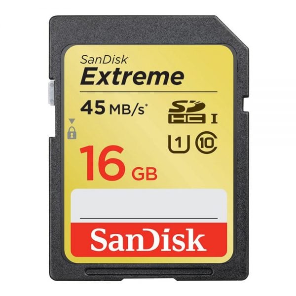 SanDisk Extreme SDHC-Speicherkarte mit 16 GB Kapazität und einer Lesegeschwindigkeit von bis zu 45 MB/s.