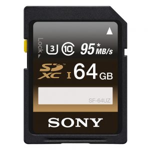 Sony SDXC-Speicherkarte mit 64 GB Kapazität und der Geschwindigkeitsklasse UHS Speed Class 3 (U3).