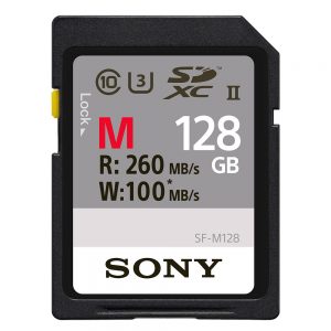 Sony SF-M SDXC-Speicherkarte mit 128 GB Kapazität und einer Lesegeschwindigkeit von bis zu 260 MB/s.