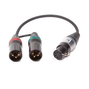 EQC Splitterkabel teilt eine 5-polige XLR-Buchse auf zwei 3-polige XLR-Stecker für Stereo-Audio.
