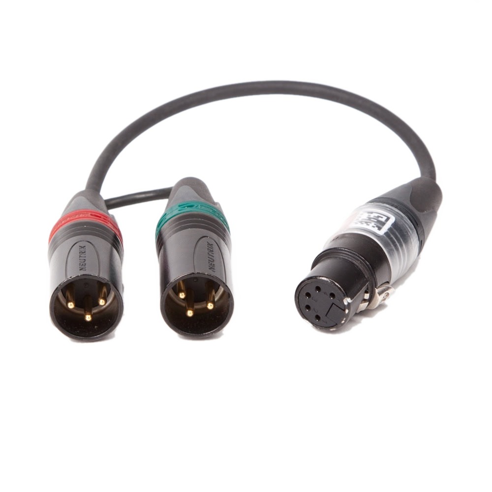 EQC Splitterkabel teilt eine 5-polige XLR-Buchse auf zwei 3-polige XLR-Stecker für Stereo-Audio.