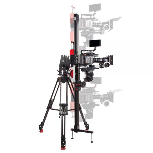 FloatCam Dolly Crane HD Slider senkrecht aufgerichtet für vertikale Kamerafahrten bis 2 m Höhe.