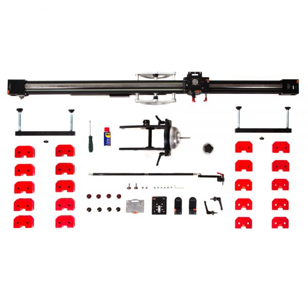 FloatCam Dolly Crane HD Slider mit sämtlichen Anbauteilen und Gegengewichten im Lieferumfang.