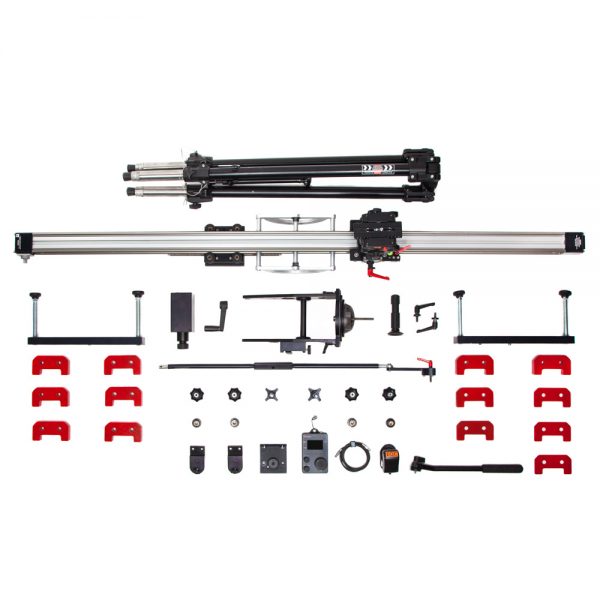 FloatCam Dolly Crane SD Slider mit sämtlichen Anbauteilen und Stativbeinen im Lieferumfang.