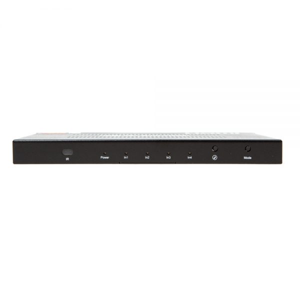 FoxUn 4 > 1 HDMI-Multiviewer mit Frontblende, Power-Taste und vier Kanaltasten zur direkten Quellenwahl.