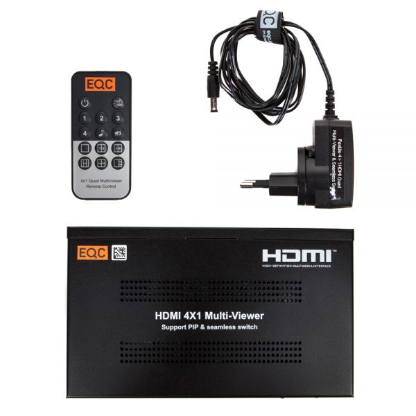 FoxUn 4 > 1 HDMI-Multiviewer mit Infrarot-Fernbedienung und externem Netzteil im Lieferumfang.