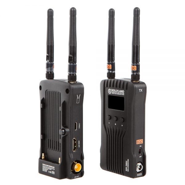 Hollyland Mars 400S HDMI + SDI Wireless System, Sender und Empfänger von vorne und von hinten mit Akkuhalterung.