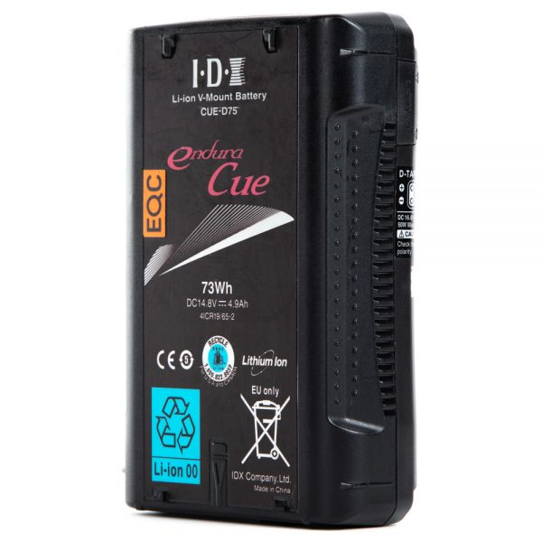 IDX Endura CUE-D75 V-Mount-Lithium-Ionen-Akku mit 73 Wattstunden und 620 Gramm Gewicht.