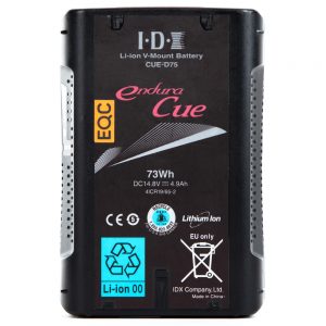 IDX Endura CUE-D75 V-Mount-Lithium-Ionen-Akku mit 73 Wattstunden und 620 Gramm Gewicht.