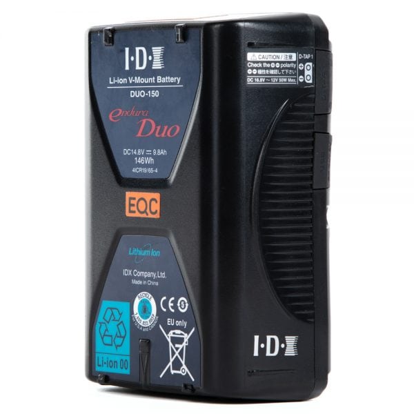 IDX Endura DUO-150 V-Mount-Lithium-Ionen-Akku mit zwei D-Tap-Ausgängen und USB-Anschluss.