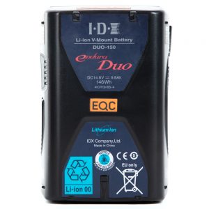 IDX Endura DUO-150 V-Mount-Lithium-Ionen-Akku mit zwei D-Tap-Ausgängen und USB-Anschluss.