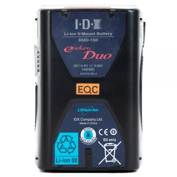 IDX Endura DUO-150 V-Mount-Lithium-Ionen-Akku mit zwei D-Tap-Ausgängen und USB-Anschluss.